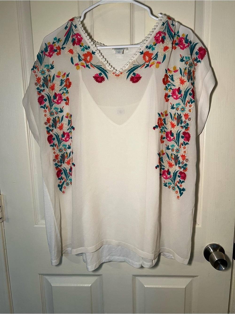 Sundance Silk Embroidered Floral Boho Blouse Ivory Short Sleeve Size Large